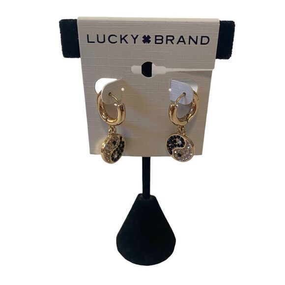 Pave Yin-Yang Gold Toned Hoop Drop Earrings. - Picture 2 of 6